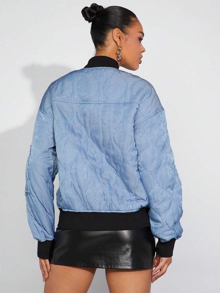 Wave Quilted Contrast Bomber Jacket For Autumn & Winter