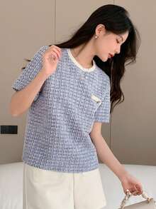 DAZY Họa tiết sọc trang trí có túi cổ tròn trang bị áo thun ngắn tay có phong cách - Màu xanh lam - Xem 4