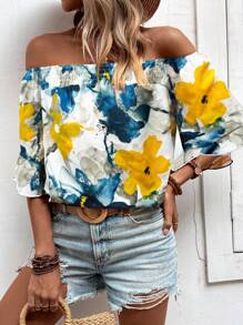 SHEIN Holidaya Áo nữ ống rộng dáng rộng mùa xuân/hè có in hoa, thiết kế lệch vai và tay áo loe - Màu vàng - Xem 5