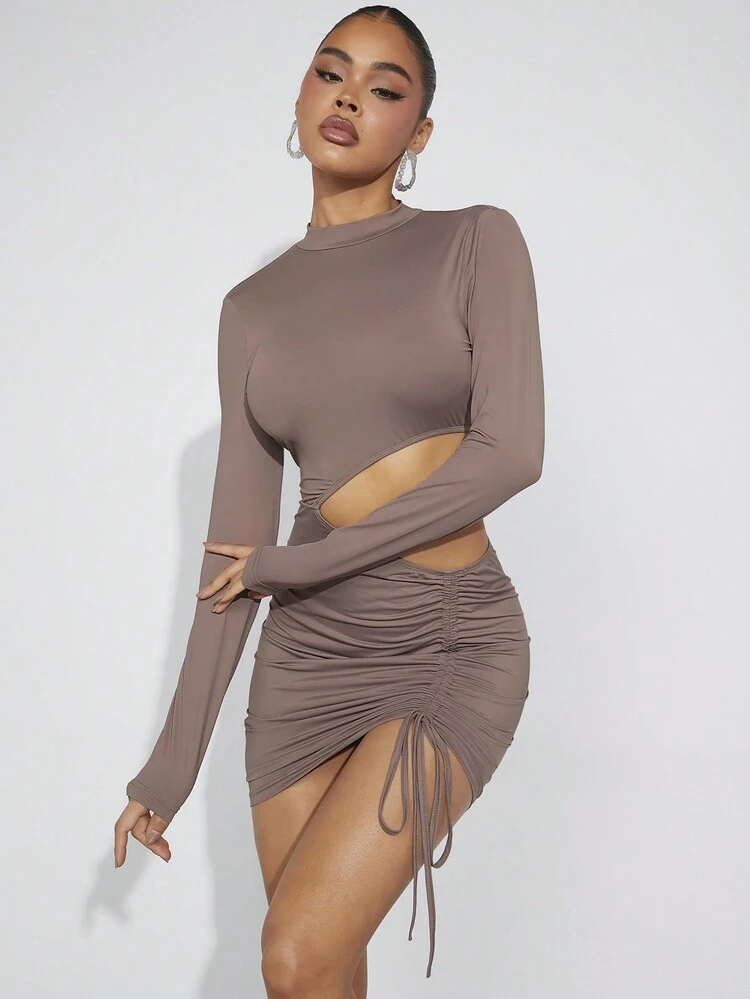 Simple Drawstring Ruched Cut Out Bodycon Dress