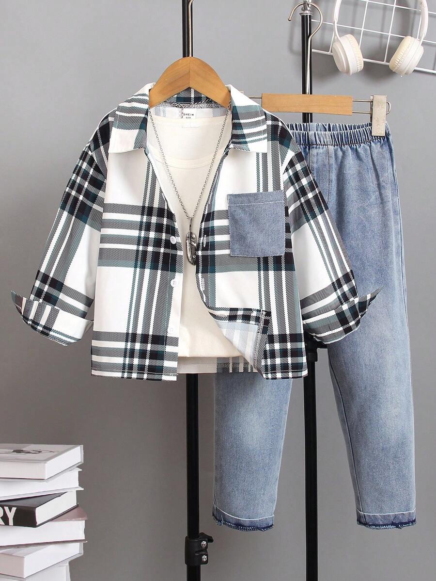 SHEIN 男孩經典格紋領長袖襯衫和鬆身牛仔褲套裝，舒適休閒運動，適合秋冬季節 - 彩色 - 查看 1