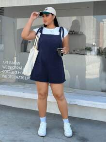SHEIN EZwear Bộ đồ liền thân dệt màu xanh navy cỡ lớn, mùa hè - Màu xanh hải quân - Xem 3
