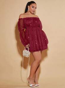 SHEIN BAE Plus Size Sparkly Off Shoulder Bell Sleeve Cinching Waist Dress For Summer - Burgundy - View 3