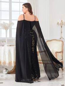 Plus Size Cold Shoulder Sequined Flutter Sleeve Mermaid Evening Dress - Black - View 2