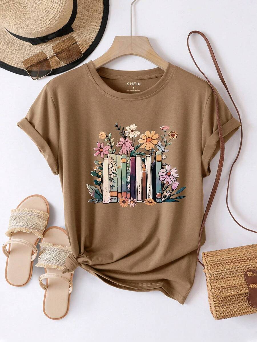 INAWLY Tree And Flower Print Round Neck Short Sleeve Summer Casual T-Shirt Graphic Tees Women Tops - Mocha Brown - View 1