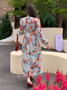 DAZY Women V-Neck Tie Belt Printed Dress For Spring/Fall Holiday Long Sleeve Dress Vacation Outfits Women Floral Dress Boho - Green - View 5