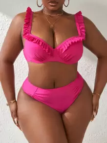 SHEIN Swim Curve Zomerstrand Dames Effen Kleur Grote Maat Bikini Set Met Ruches Decoratie