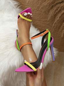 女性時尚踝帶尖頭高跟鞋，多色拼接設計，包括粉紅、橙色、綠色、黃色和紫色，適合晚裝穿著 - 彩色 - 查看 1