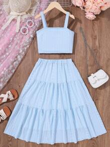 SHEIN Vintaside Kids Tween Girl Solid Knitted Jacquard Cami Dress Two-Piece Set For Summer, School, Campus, College - Baby Blue - View 9