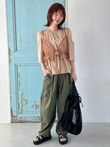 FRIFUL Áo hai dây lưới trong suốt mùa hè cho nữ, bèo nhún - Màu Khaki - Xem 2