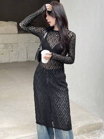 DAZY 女士圆领透视纯色侧开衩连衣裙太阳裙，休闲女士连衣裙