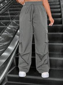 Flirla Pantalones de calle del estilo del herraje unicolor de talla extra con cinturones colgantes - Gris - Ver 6