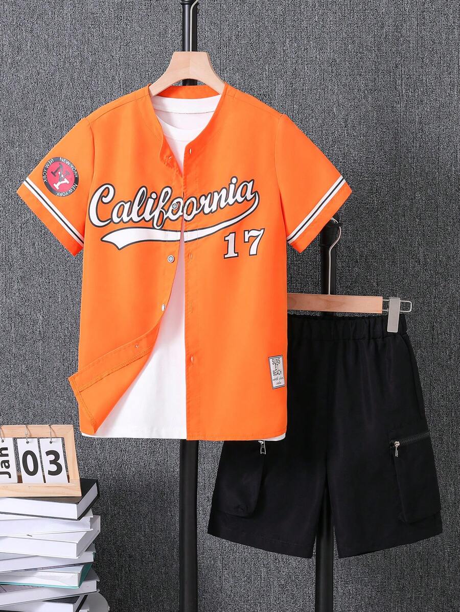 SHEIN Chico preadolescente que lleva impreso BA: camiseta casual de manga corta con cuello redondo y pantalones cortos de trabajo - Multicolor - Ver 1
