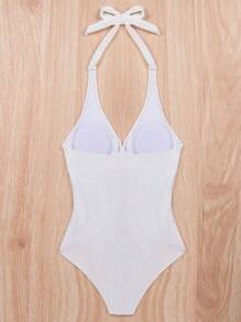 SHEIN Swim 女士純色V領無袖連身泳衣，適用於夏季