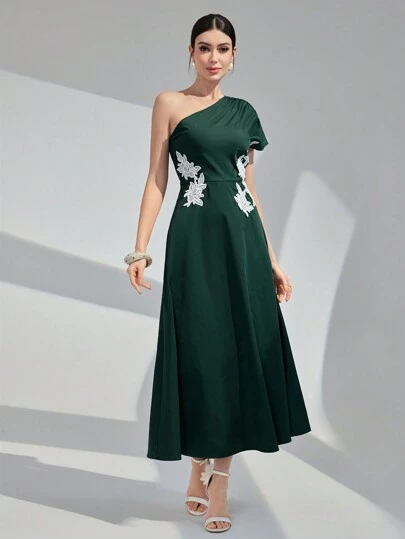 Modelyn Women Fashion Floral Applique Asymmetrical Shoulder Fold Pleated Dress Long Evening Dresses