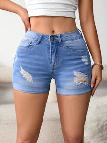 SHEIN PETITE Pantalones cortos de mezclilla desgastados y deshilachados para mujer para uso diario en verano - Lavado ligero - Ver 4
