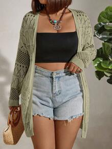 SHEIN Holidaya Plus Size Hollow Out Cardigan Suitable For Summer - Mustard Yellow - View 3