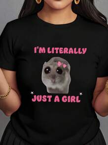 SHEIN 加大码性感短袖夏季 T 恤，带字母老鼠图案印花和圆领