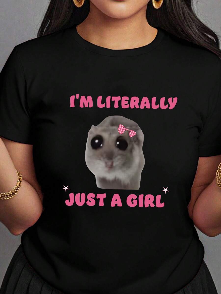 SHEIN 加大码性感短袖夏季 T 恤，带字母老鼠图案印花和圆领