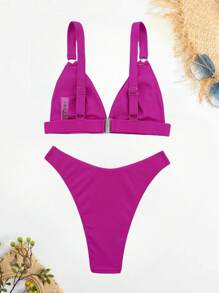 SHEIN Swim V領環扣細節夏季沙灘比基尼套裝 - 玫紅色 - 查看 2