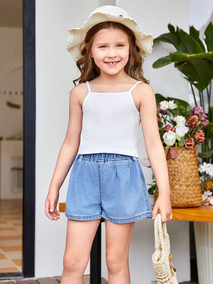 Young Girl Cute Loose Ribbed Tank Top And Denim Shorts Set For Summer
