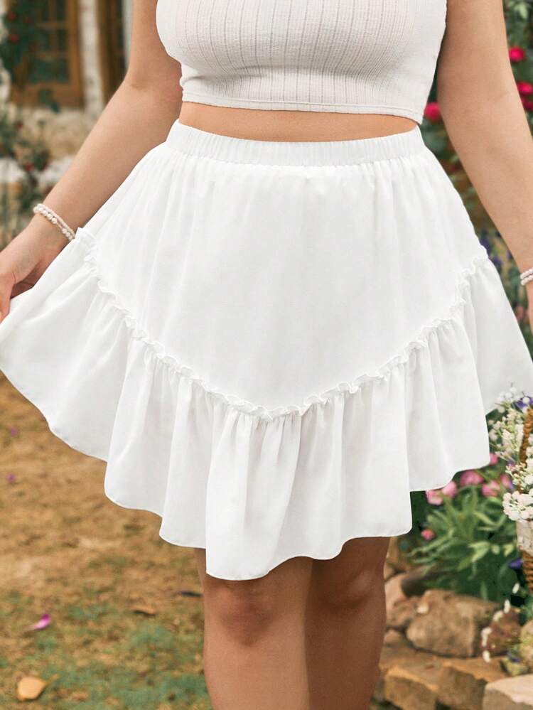Plus Size White Frill Trim Ruffle Trim Hem Summer Casual Holiday Skirt Beach Essentials Hawaiian SunSkirt Short White Skirt SunSkirt Casual Skirt Summer Women Skirtes Summer Skirt Clothes Beach Stuff Ruched Summer Bottoms Cute Summer Skirtes SunSkirt Short Short Summer Skirt White Skirt Funny Picnic Beach Skirt