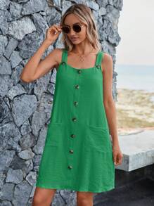 EMERY ROSE 女式寬鬆口袋裝飾無袖亞麻連身裙，適用於夏季 - 綠色 - 查看 1