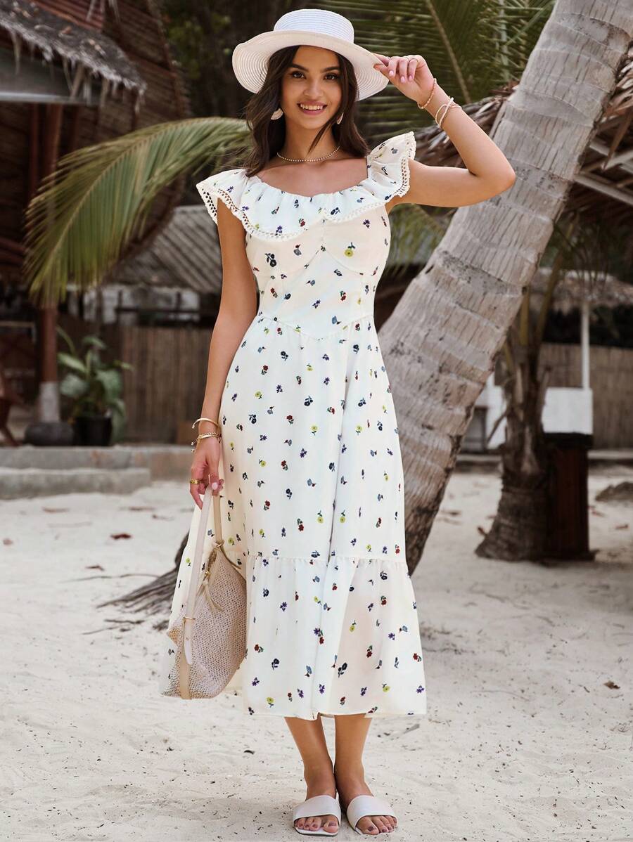 GENKIRA Đầm Dài Giảm Béo Ngọt Ngào Nhẹ Nhàng Cho Nữ, Đầm Ren Và Họa Tiết Ngẫu Nhiên Tay Dài Có Cổ - Nhiều màu - Xem 1