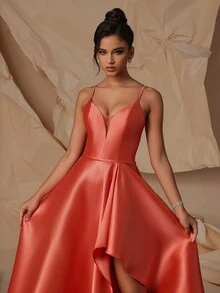 VIPGIRL Elegant Orange Spaghetti Strap High-Low Gown  Formal Dress - Orange - View 3