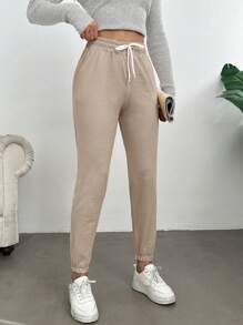 RueChic Drawstring Waist Slant Pocket Sweatpants - Beige - View 5