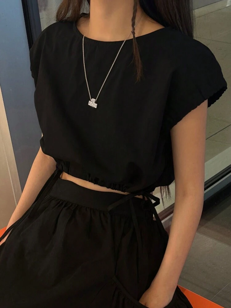 Women Solid Color Round Neck Shirt With Waist Belt And Batwing Sleeves Preppy Tops Crop Women Tops