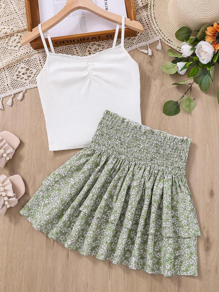 SHEIN Tween Girl Casual Comfortable Camisole Top & Floral Skirt Two-Piece Set