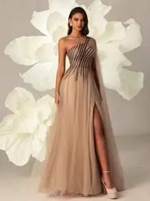 VIPGIRL Women Mesh Oblique-Shoulder Long Evening Dress Elegant Formal Prom Wedding Guest Gown, For Graduation, Dinner - Khaki - View 1