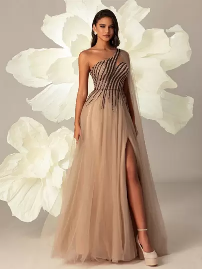  VIPGIRL Mulheres Malha Ombro Oblíquo Longo Vestido de Noite Elegante Formal Prom Vestido de Convidado de Casamento, Para Formatura, Jantar