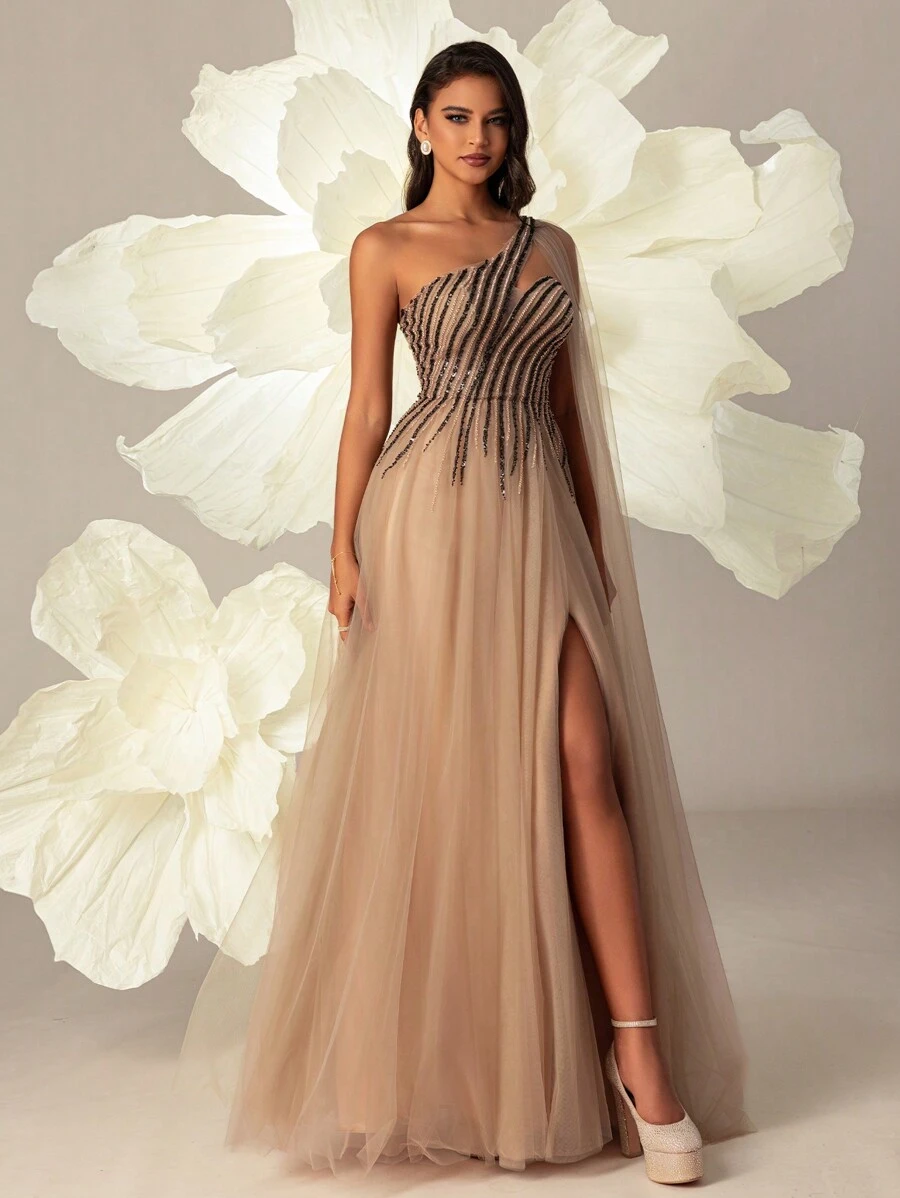 VIPGIRL Women Mesh Oblique-Shoulder Long Evening Dress Elegant Formal Prom Wedding Guest Gown, For Graduation, Dinner - Khaki - View 1