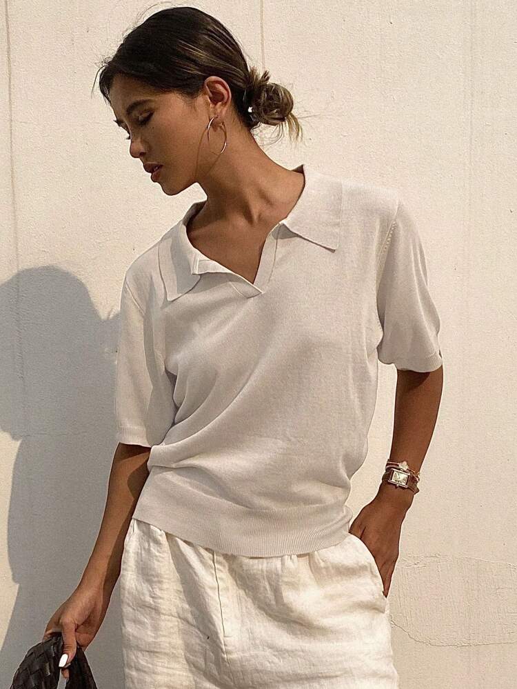 Solid Color Short Sleeve Polo Collar Loose Women Knitted Top Summer