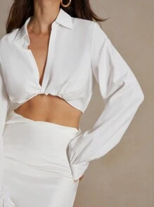 Anewsta Elegant White Satin Cropped Sexy Urban Women Shirt
