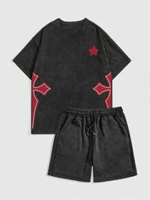 ROMWE MEN Men Minimalist Printed Round Neck Short Sleeve T-Shirt And Shorts Set, School