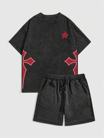 Conjunto de camiseta de manga corta de cuello redondo y pantalones cortos con estampado minimalista para hombres, escuela