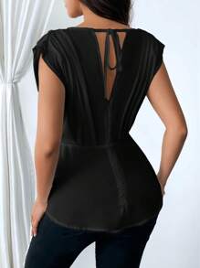 SHEIN Privé Mujeres Verano V-Cuello con volantes Dobladillo asimétrico Cinta elegante y ajustado para trabajar - Negro - Ver 2