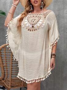 SHEIN Swim Curve Plus Size Cut-Out Tassel Hem Cover Up Summer - Apricot - View 5
