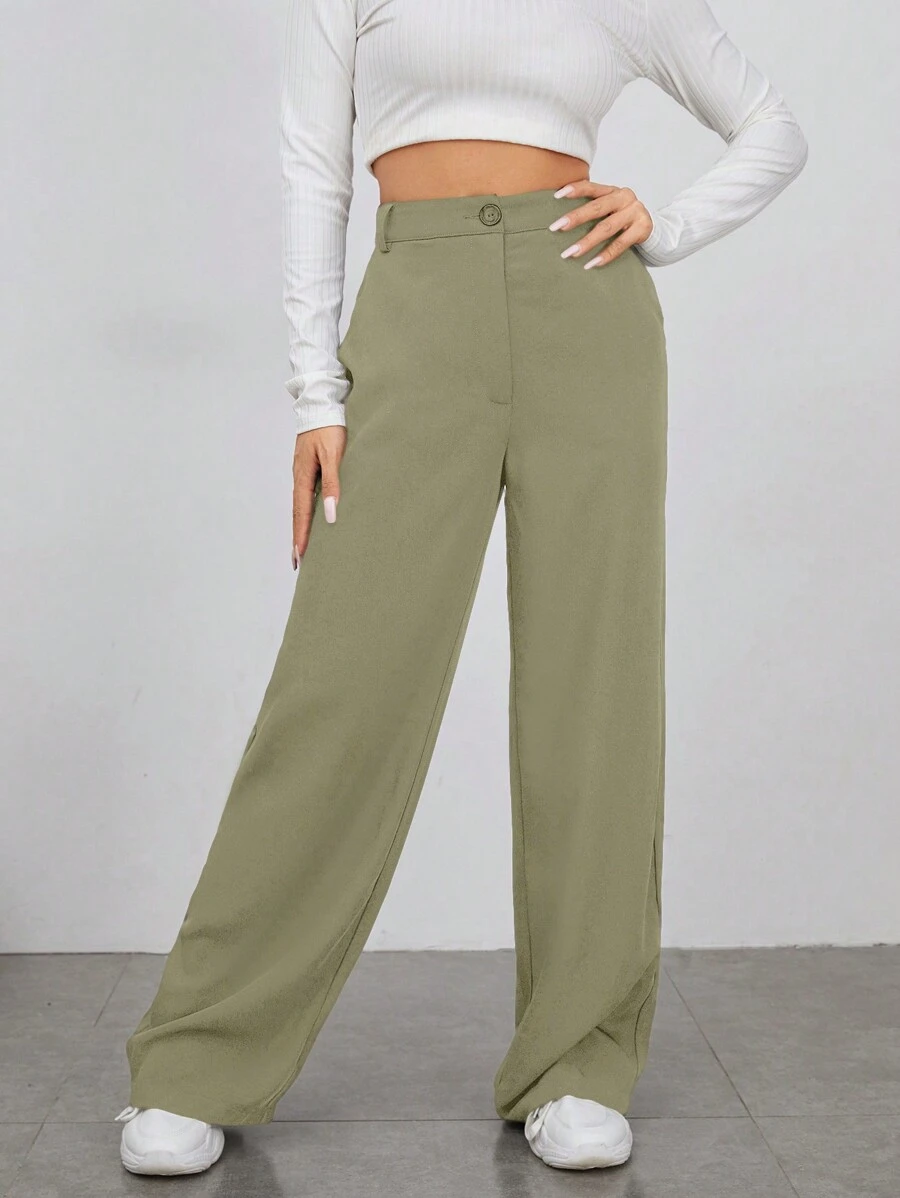 EURMUSE Solid Straight Leg Trousers - Army Green - View 1