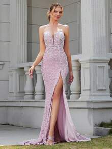 LOVE&LEMONADE Women's Glamorous Side Slit Sequin Mermaid Dress - Pink - View 3
