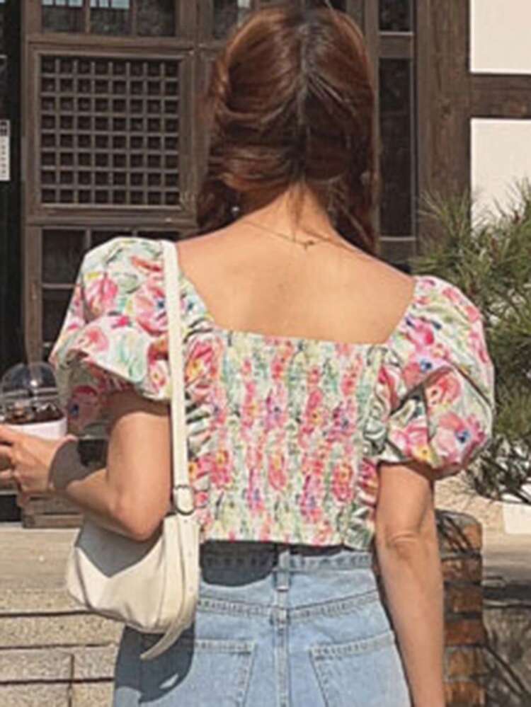 Women Floral Print Cropped Ruffle Short Sleeve Off Shoulder Blouse Vacation Outfits Women Easter Boho