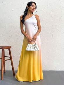 Firerie Gradient Ladies" Backless One Shoulder Knot Design Super Long Dress,Sun Dress,Pastel Dresses For Women - Yellow - View 5