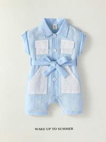 Street Style Baby Girl Overall Shorts With Textured Fabric, Lapel Collar, Hollow Out Pocket And Sash Belt, Cute Casual And Simple Fashion - Multicolor - View 1