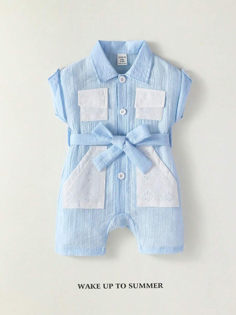 Street Style Baby Girl Overall Shorts With Textured Fabric, Lapel Collar, Hollow Out Pocket And Sash Belt, Cute Casual And Simple Fashion - Multicolor - View 1