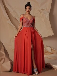 VIPGIRL 優雅橙色透視網紗高腰女晚禮服 - 橘色 - 查看 6