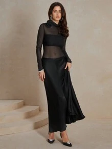 SHEIN Allurite Women Fitted Sheer 3D Rose Long Sleeve Blouse