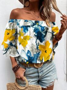 SHEIN Holidaya Áo nữ ống rộng dáng rộng mùa xuân/hè có in hoa, thiết kế lệch vai và tay áo loe - Màu vàng - Xem 6